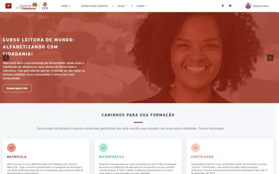 Tela da plataforma Caminhos para a Cidadania
