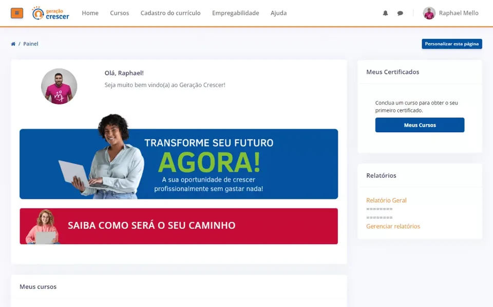 Tela da plataforma Geração Crescer