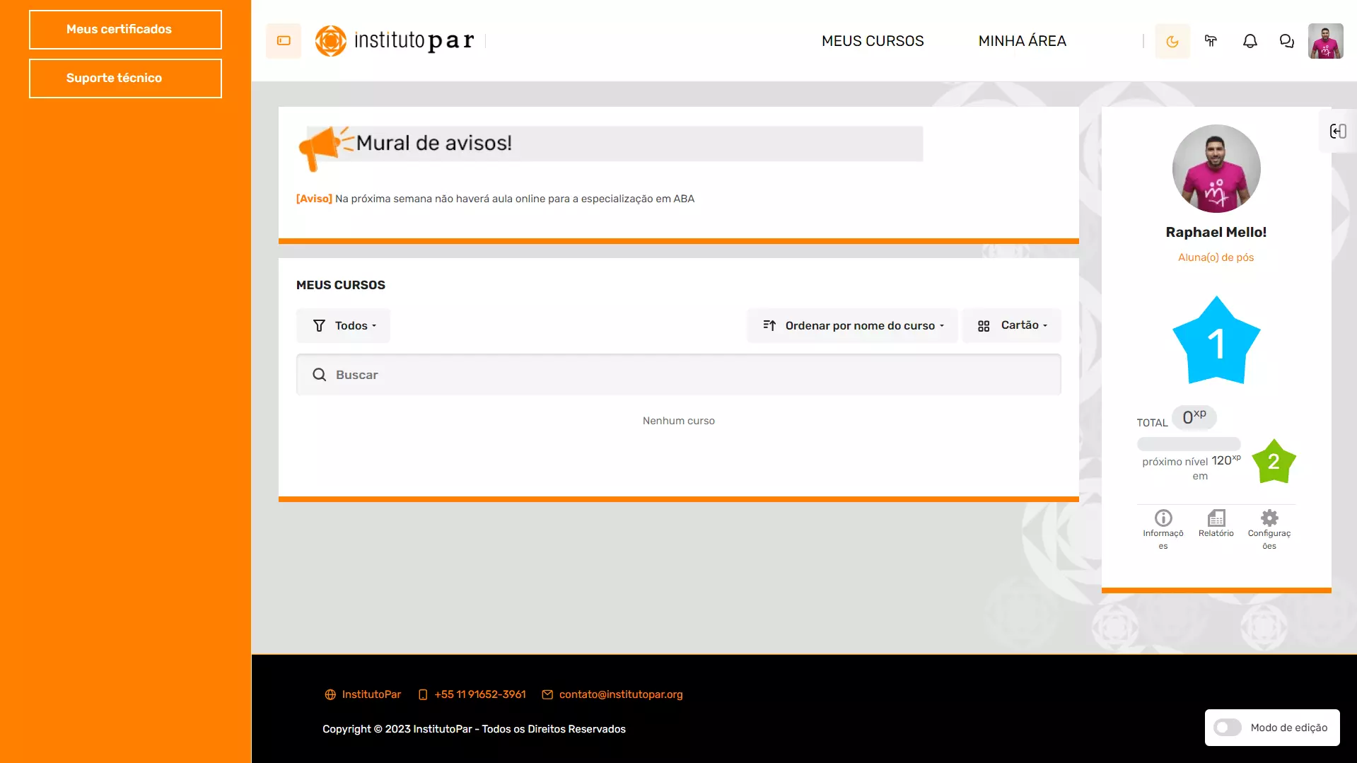 Painel da plataforma Instituto PAR, Ciências do Comportamento