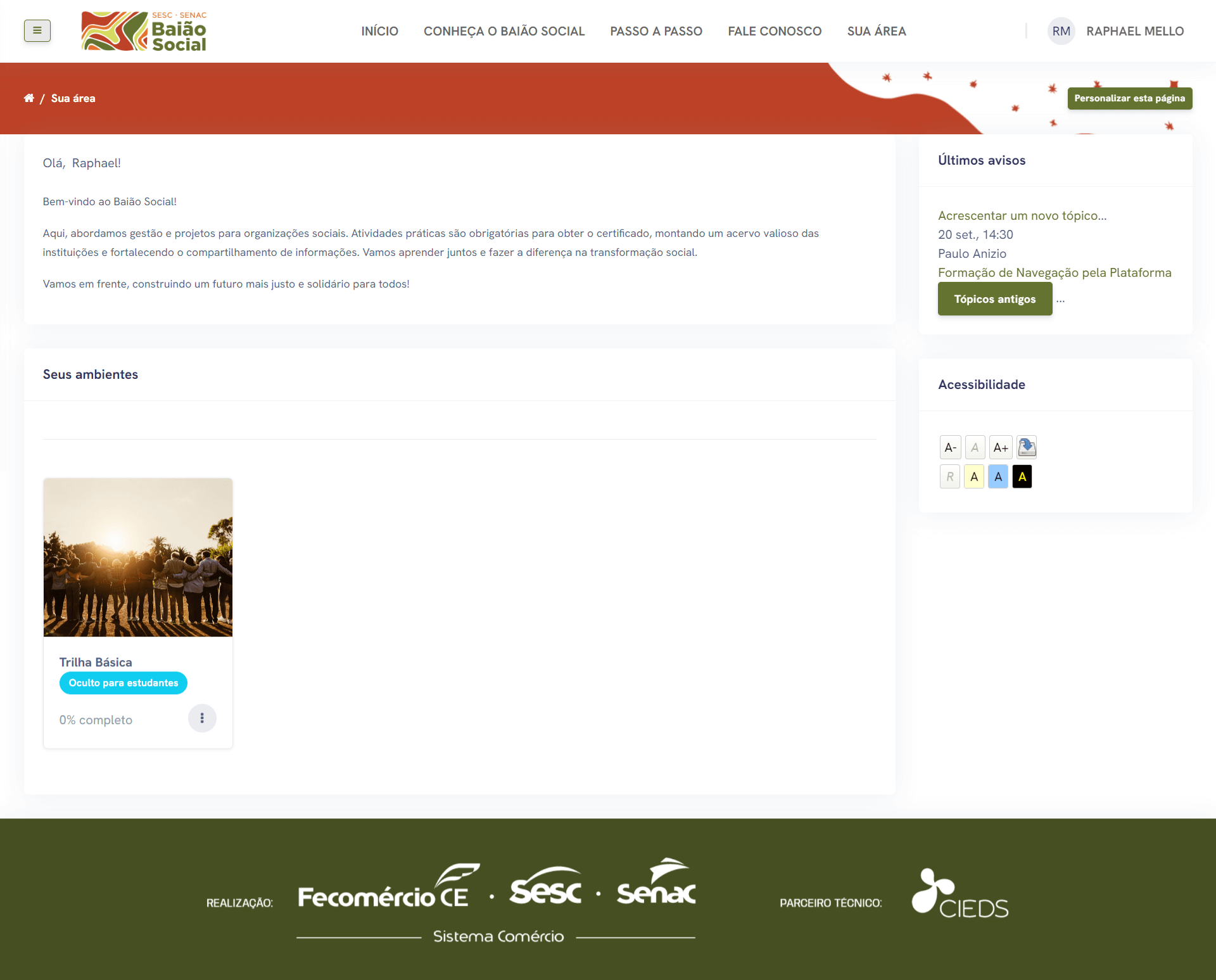 Painel da plataforma Baião Social