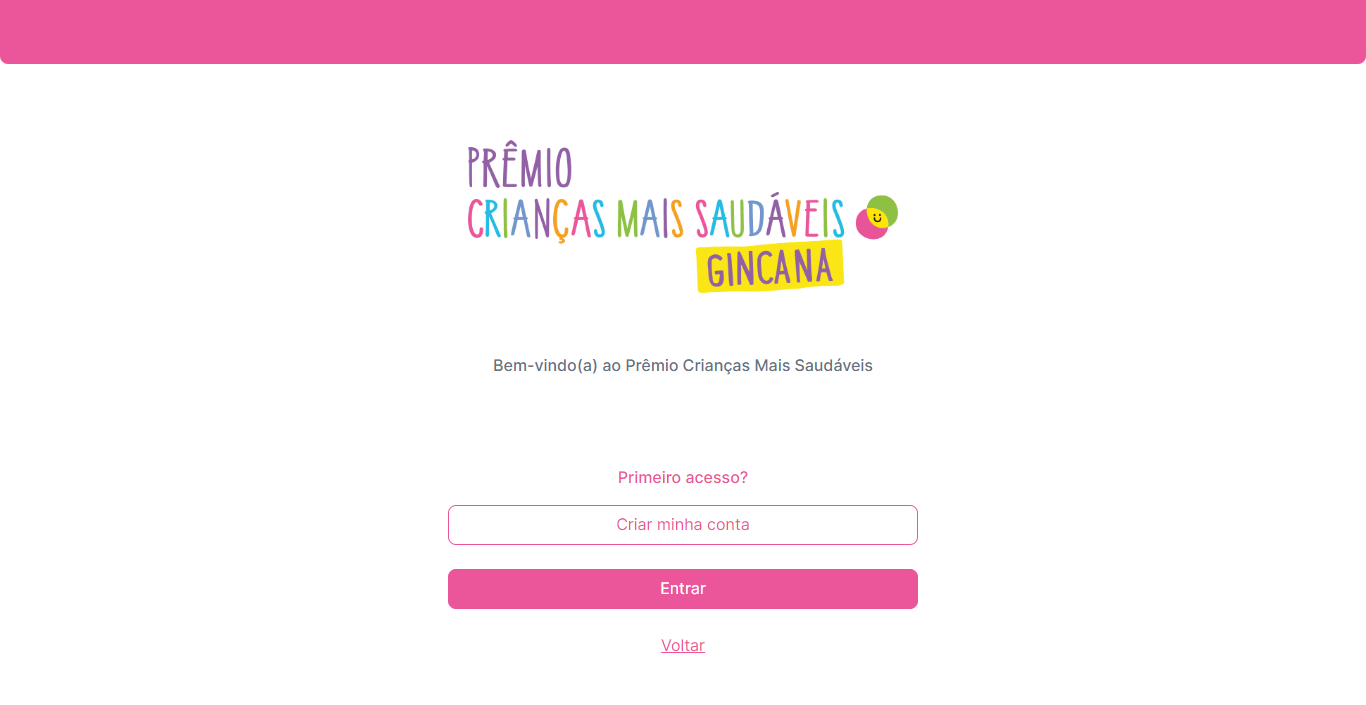 Tela de login da plataforma Prêmio Crianças Mais Saudáveis